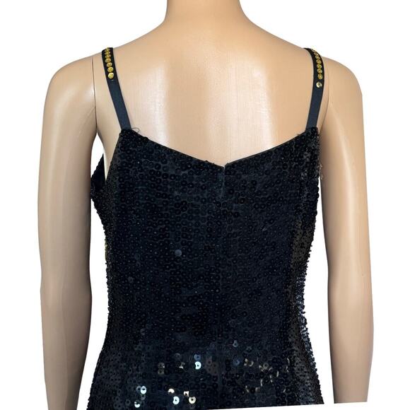 Beaded Sequin Womens Mini Dress Bodycon Party Cocktail Evening S/M Black Gold - Picture 6 of 10